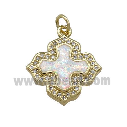 Copper Cross Pendant Pave White Fire Opal Zircon 18K Gold Plated