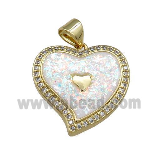 Copper Heart Pendant Pave White Fire Opal Zircon 18K Gold Plated