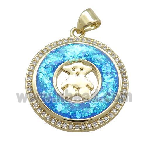 Copper Circle Pendant Pave Blue Fire Opal Zircon Bear 18K Gold Plated