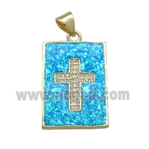 Copper Rectangle Pendant Pave Blue Fire Opal Zircon Cross 18K Gold Plated