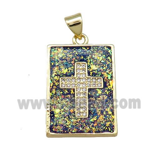 Copper Rectangle Pendant Pave Fire Opal Zircon Cross 18K Gold Plated