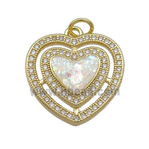 Copper Heart Pendant Pave White Fire Opal Zircon 18K Gold Plated