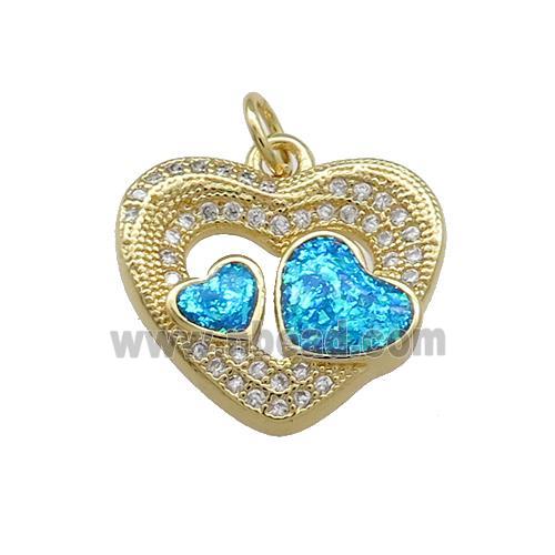 Copper Heart Pendant Pave Blue Fire Opal Zircon 18K Gold Plated