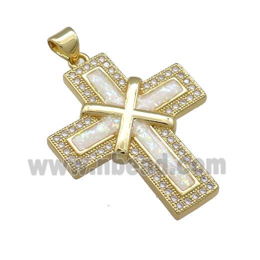 Copper Cross Pendant Pave White Fire Opal Zircon 18K Gold Plated