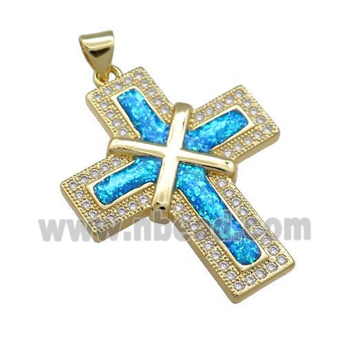 Copper Cross Pendant Pave Blue Fire Opal Zircon 18K Gold Plated