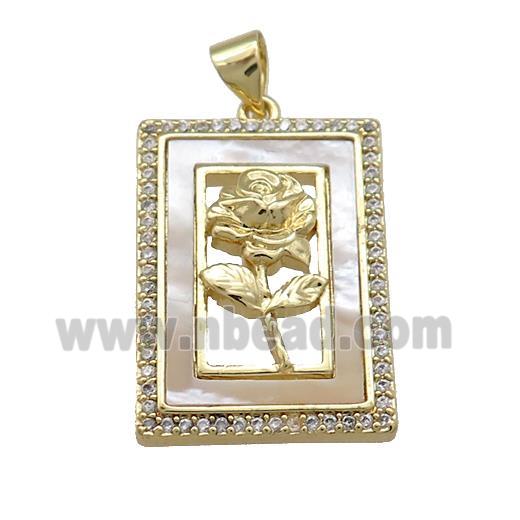 Flower Copper Rectangle Pendant Pave Shell Zircon 18K Gold Plated