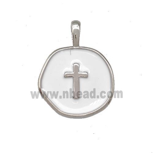 Copper Circle Pendant Cross White Enamel Platinum Plated