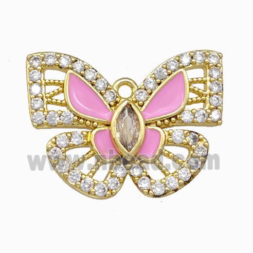 Copper Butterfly Pendant Pave Zirconia Pink Enamel Gold Plated