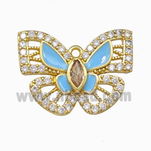 Copper Butterfly Pendant Pave Zirconia Blue Enamel Gold Plated