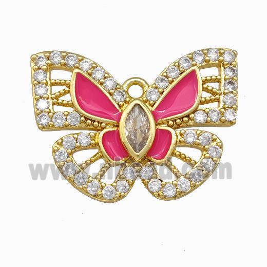 Copper Butterfly Pendant Pave Zirconia Hotpink Enamel Gold Plated