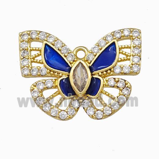 Copper Butterfly Pendant Pave Zirconia Blue Enamel Gold Plated