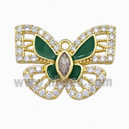 Copper Butterfly Pendant Pave Zirconia Green Enamel Gold Plated