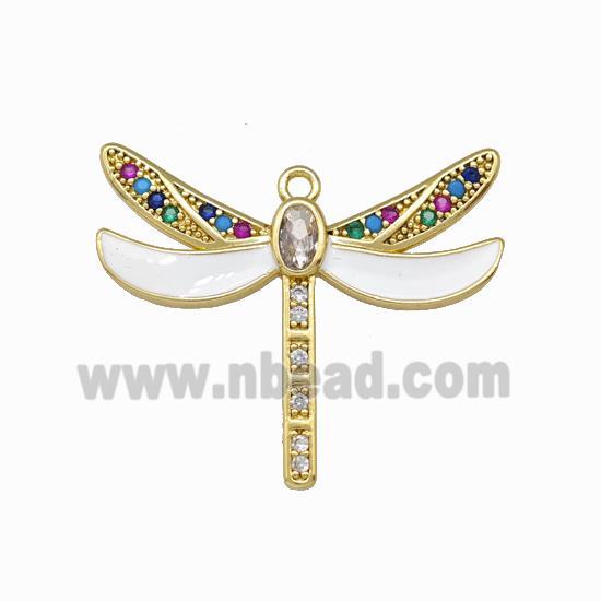 Copper Dragonfly Pendant Pave Zirconia White Enamel Gold Plated