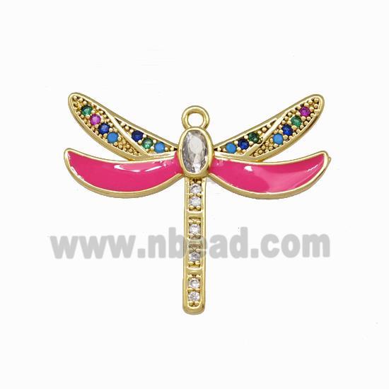 Copper Dragonfly Pendant Pave Zirconia Hotpink Enamel Gold Plated