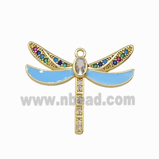 Copper Dragonfly Pendant Pave Zirconia Blue Enamel Gold Plated