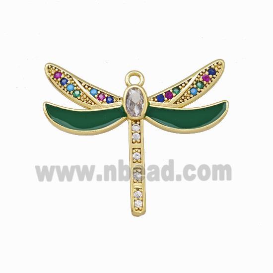 Copper Dragonfly Pendant Pave Zirconia Green Enamel Gold Plated