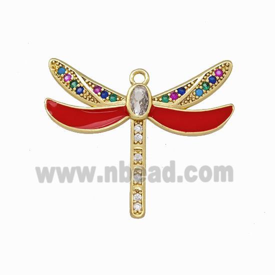 Copper Dragonfly Pendant Pave Zirconia Red Enamel Gold Plated