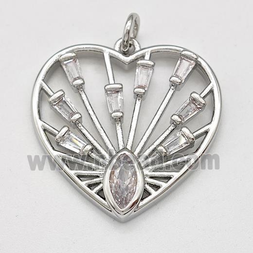 Copper Heart Pendant Micro Pave Zirconia Eye Platinum Plated