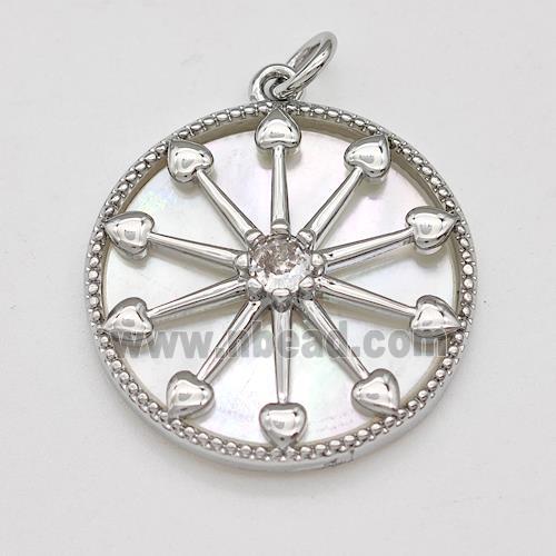 Copper Compass Pendant Pave Shell Zirconia Platinum Plated