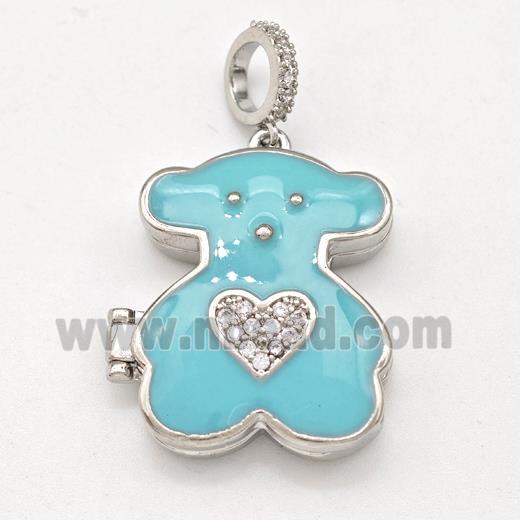 Copper Bear Locket Pendant Pave Zirconia Heart Teal Enamel Platinum Plated