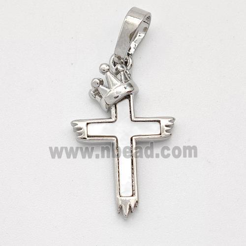 Copper Cross Pendant Pave Shell Crown Platinum Plated