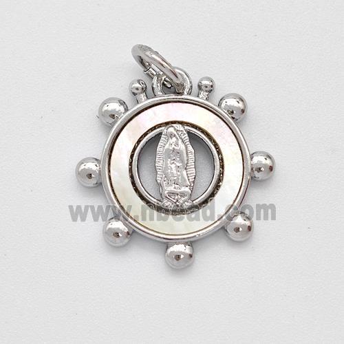 Virgin Mary Charms Copper Circle Pendant Pave Shell Platinum Plated