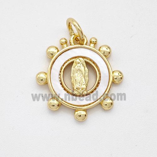 Virgin Mary Charms Copper Circle Pendant Pave Shell Gold Plated