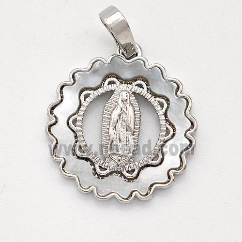 Virgin Mary Charms Copper Pendant Pave Shell Platinum Plated