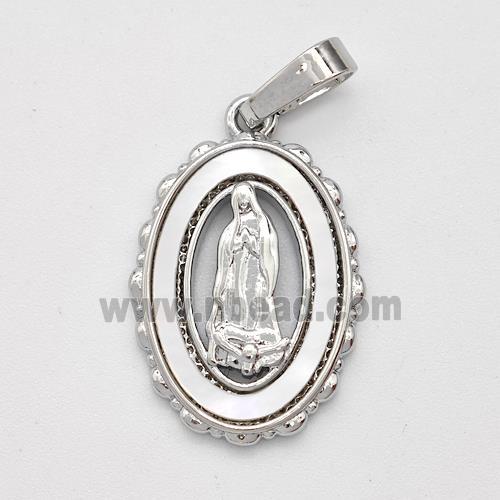 Virgin Mary Charms Copper Pendant Pave Shell Platinum Plated