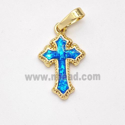 Copper Cross Pendant Pave Blue Fire Opal 18K Gold Plated