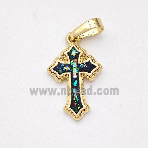 Copper Cross Pendant Pave Black Fire Opal 18K Gold Plated