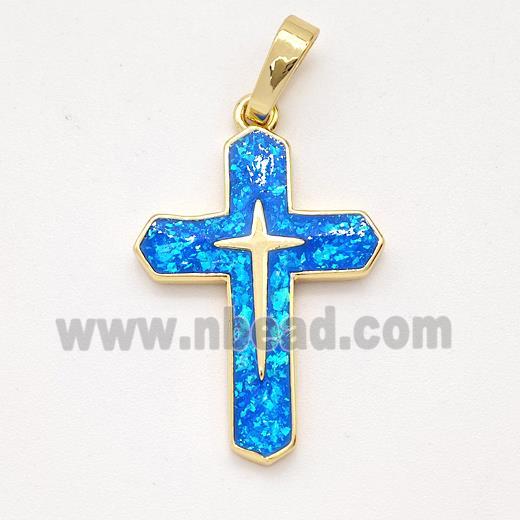 Copper Cross Pendant Pave Blue Fire Opal 18K Gold Plated