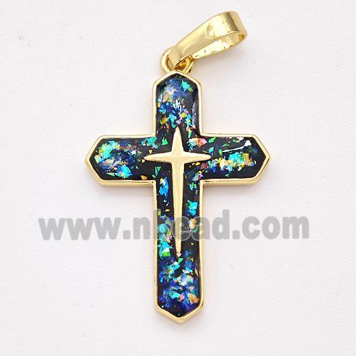 Copper Cross Pendant Pave Black Fire Opal 18K Gold Plated