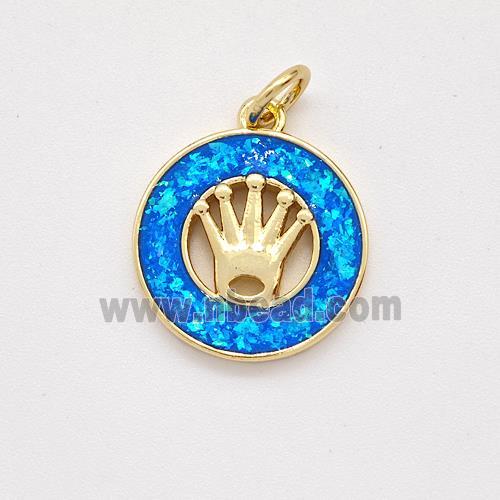 Copper Crown Pendant Pave Blue Fire Opal Circle 18K Gold Plated