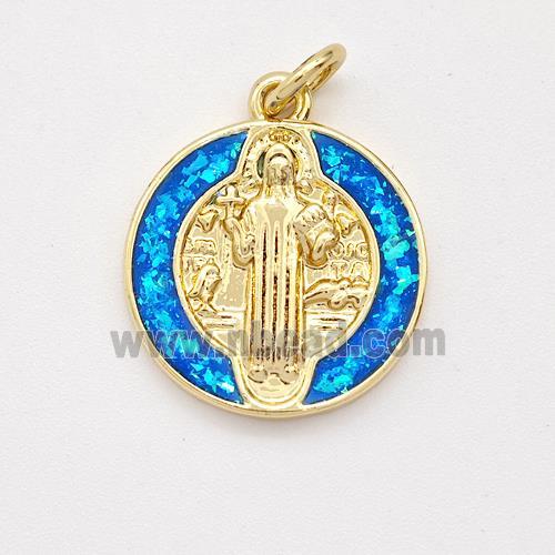 Jesus Charms Copper Pendant Pave Blue Fire Opal 18K Gold Plated