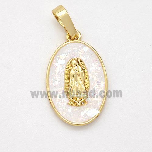 Virgin Mary Charms Copper Pendant Pave White Fire Opal 18K Gold Plated