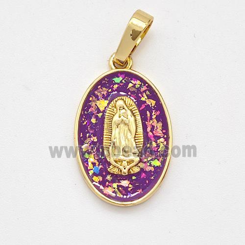 Virgin Mary Charms Copper Pendant Pave Purple Fire Opal 18K Gold Plated