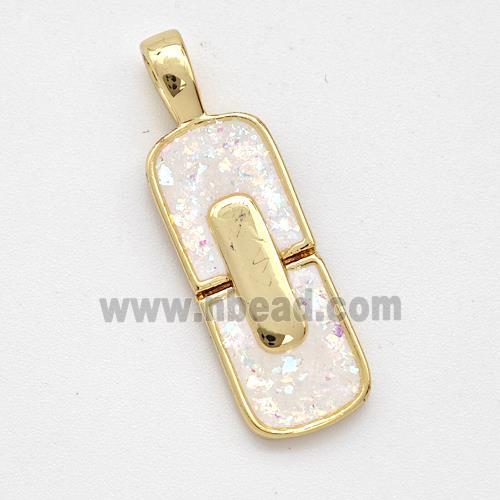 Copper Rectangle Pendant Pave White Fire Opal 18K Gold Plated