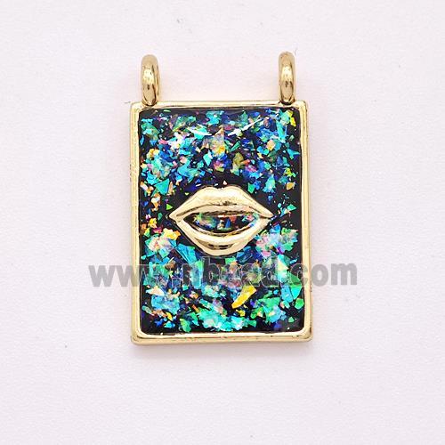 Copper Lips Charms Pendant Pave Fire Opal Rectangle 2loops 18K Gold Plated