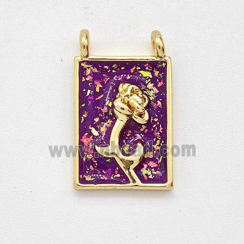 Copper Flower Pendant Pave Purple Fire Opal Rectangle 2loops 18K Gold Plated