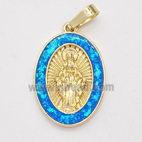 Virgin Mary Charms Copper Pendant Pave Blue Fire Opal 18K Gold Plated