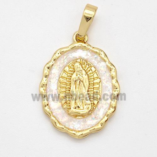 Virgin Mary Charms Copper Pendant Pave White Fire Opal 18K Gold Plated