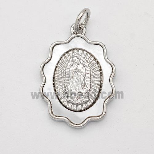 Virgin Mary Charms Copper Pendant Pave Shell Platinum Plated