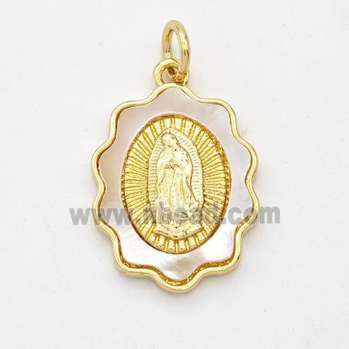 Virgin Mary Charms Copper Pendant Pave Shell Gold Plated