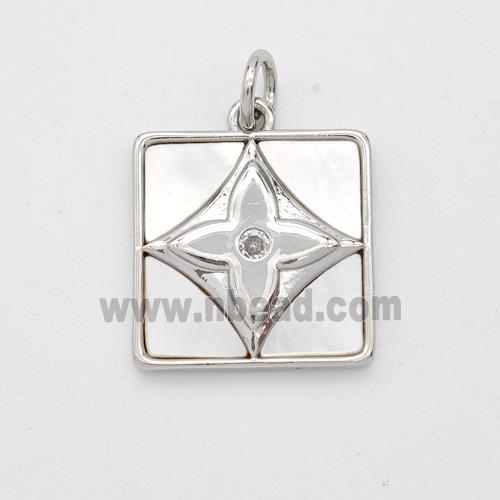 Copper Square Pendant Pave Shell Clover Platinum Plated