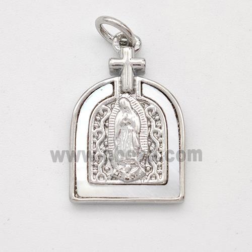 Virgin Mary Charms Copper Pendant Pave Shell Platinum Plated