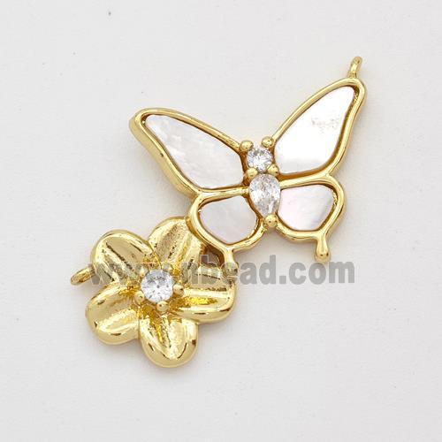 Copper Butterfly Pendant Pave Shell Zirconia Flower 2loops 18K Gold Plated