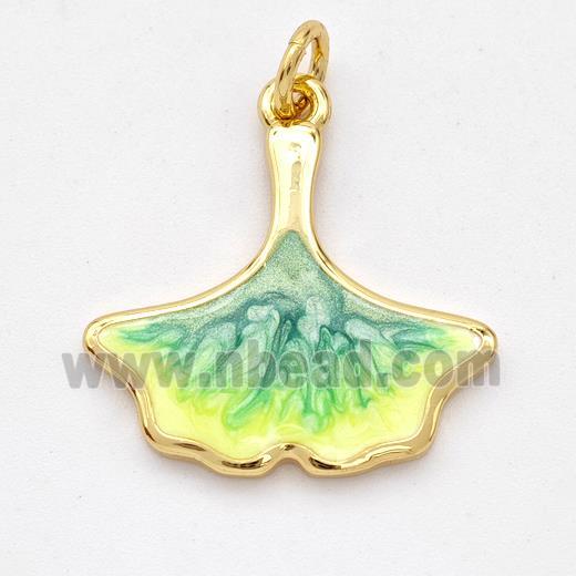 Copper Ginkgo-Leaf Pendant Yellowgreen Painted 18K Gold Plated