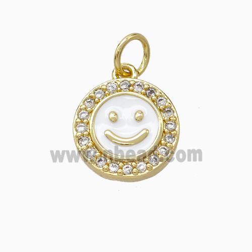 Copper Emoji Pendant Pave Zirconia White Enamel Smile Face Gold Plated