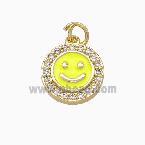 Copper Emoji Pendant Pave Zirconia Yellow Enamel Smile Face Gold Plated